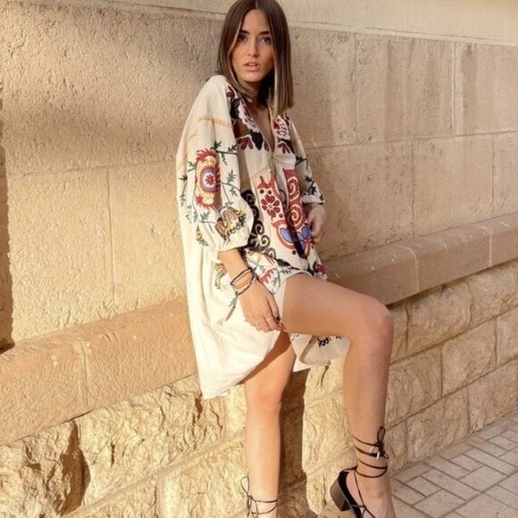 Zara Romy Tunic Mini Dress Embroidered Floral Linen Blend Boho - XS - Picture 1 of 10